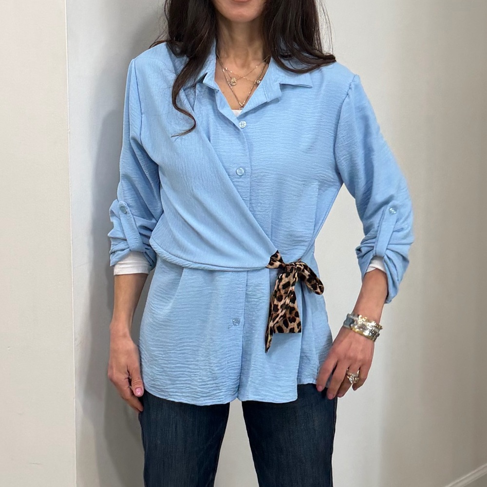 MADE IN ITALY Blue Wrap Top with Leopard Accent